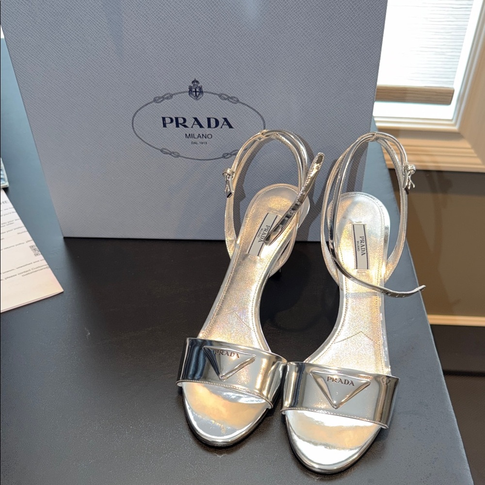 Prada Metallic Silver Heeled Sandals